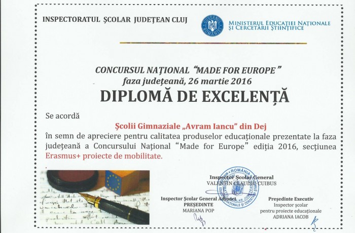 Școala Gimnazială „Avram Iancu” din Dej -DIPLOMĂ DE EXCELENŢĂ la concursul naţional  „Made for Europe”